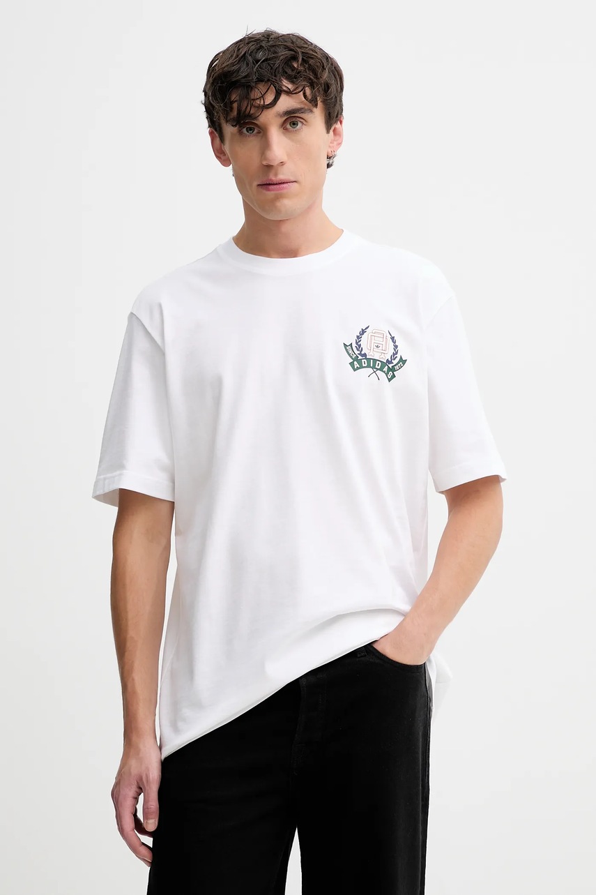 Levně Bavlněné tričko adidas Originals Varsity pánské, bílá barva, s potiskem, JX8155