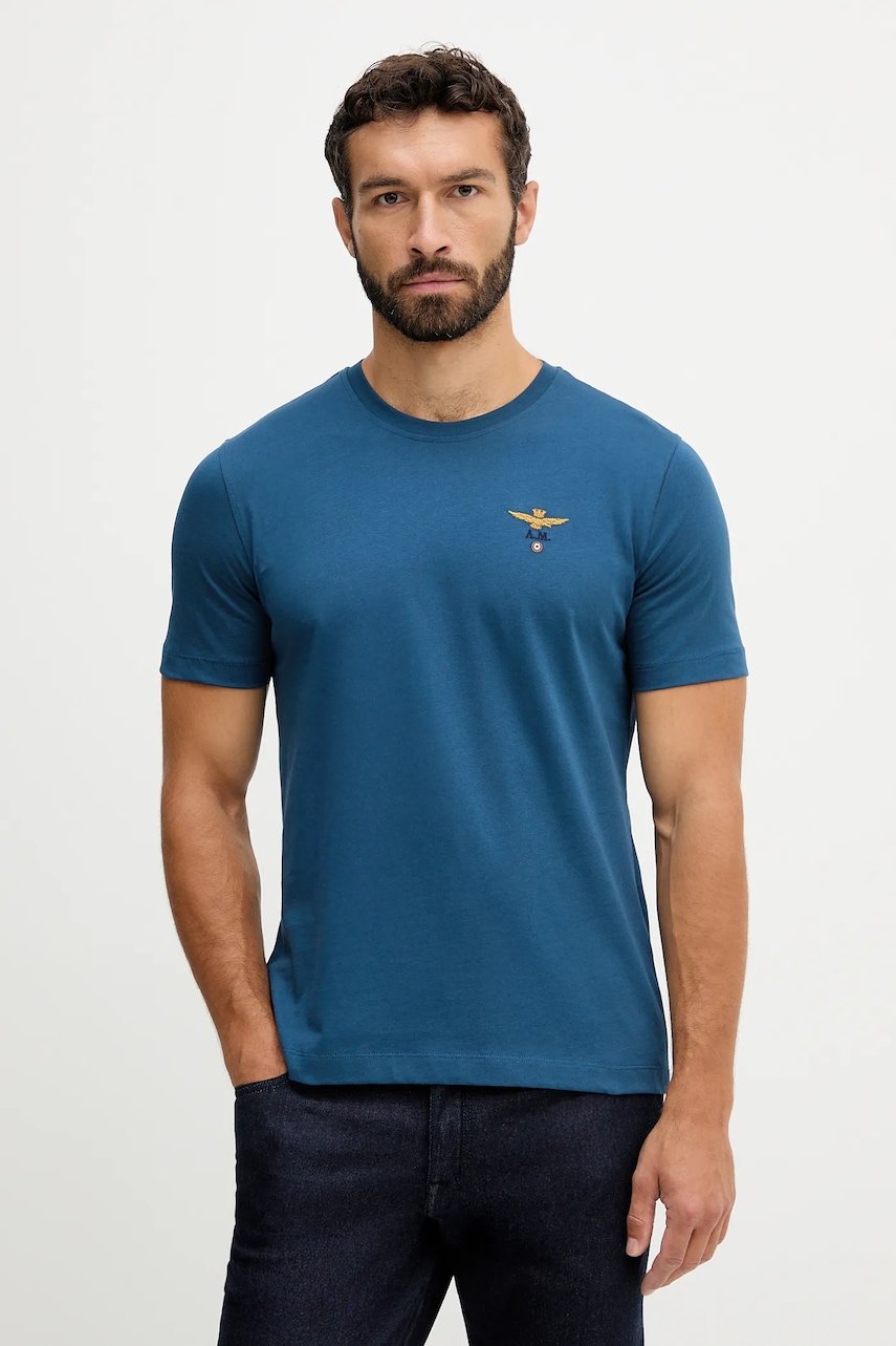 Levně Bavlněné tričko Aeronautica Militare pánské, modrá barva, s aplikací, TS1580UJ00372