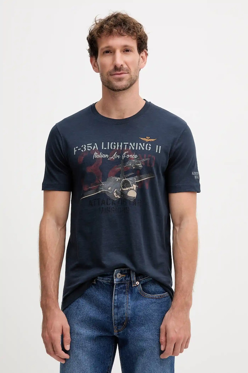Aeronautica Militare tricou din bumbac culoarea bleumarin, cu model, TS2472UJ00708