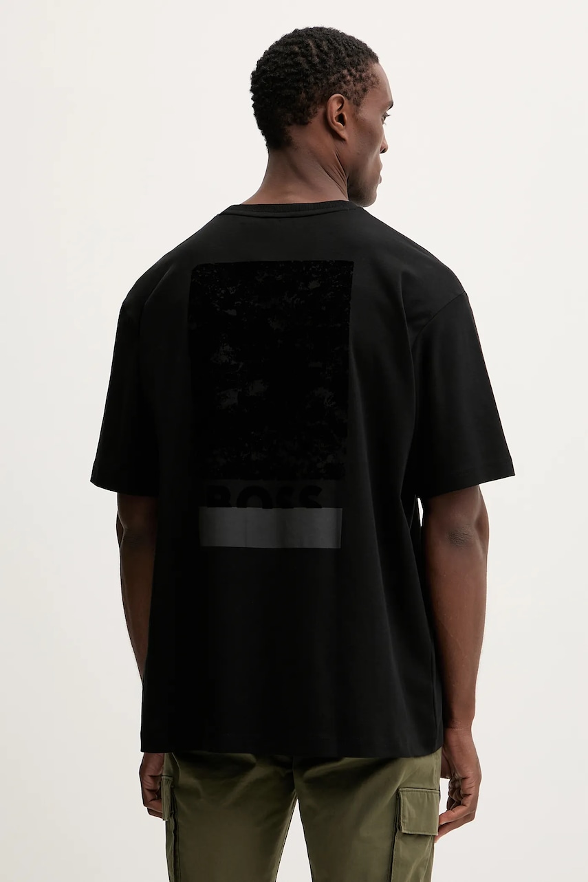 BOSS Orange tricou din bumbac culoarea negru, cu imprimeu, 50551370