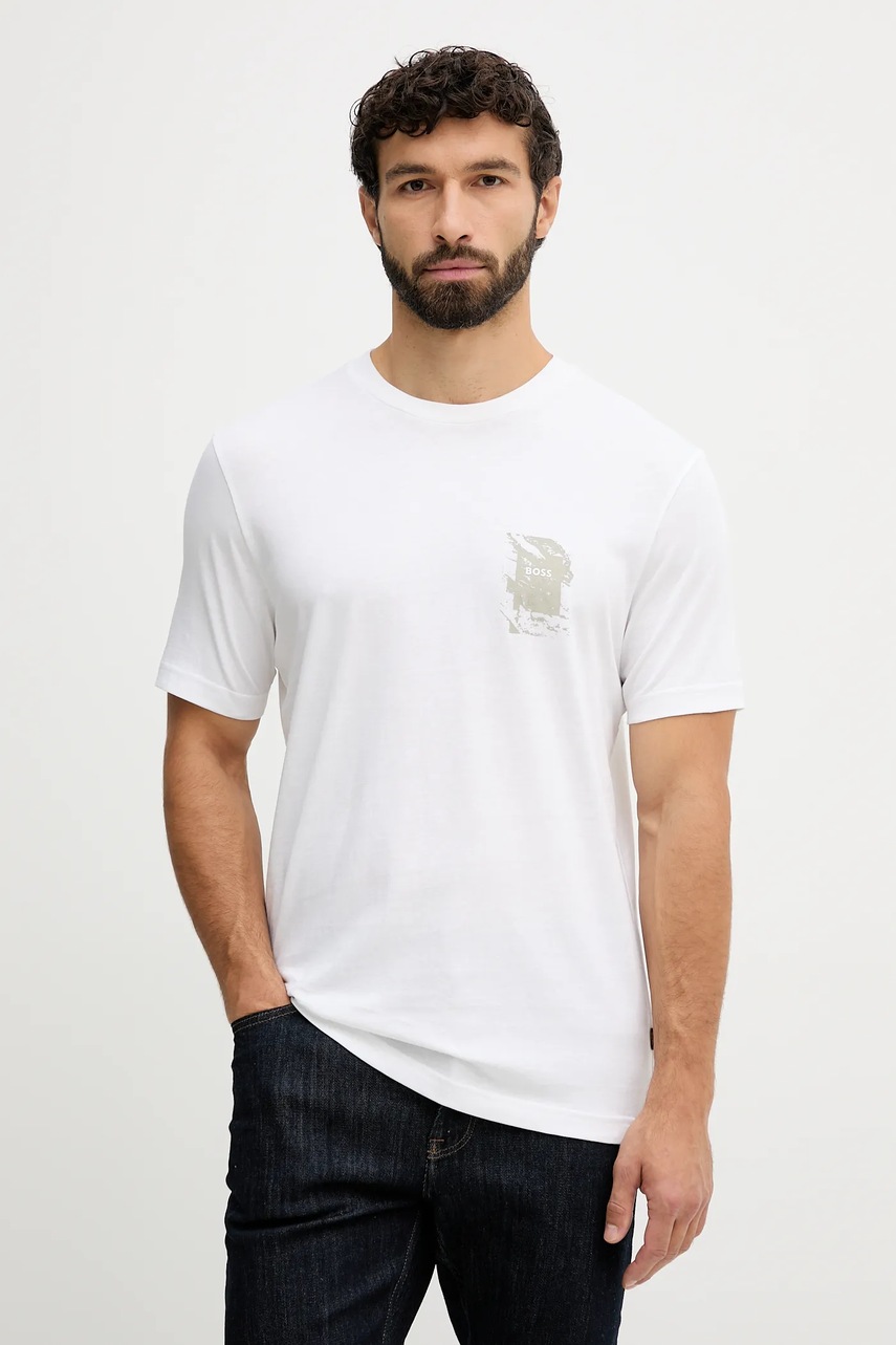 BOSS Orange tricou din bumbac culoarea bej, cu imprimeu, 50554610