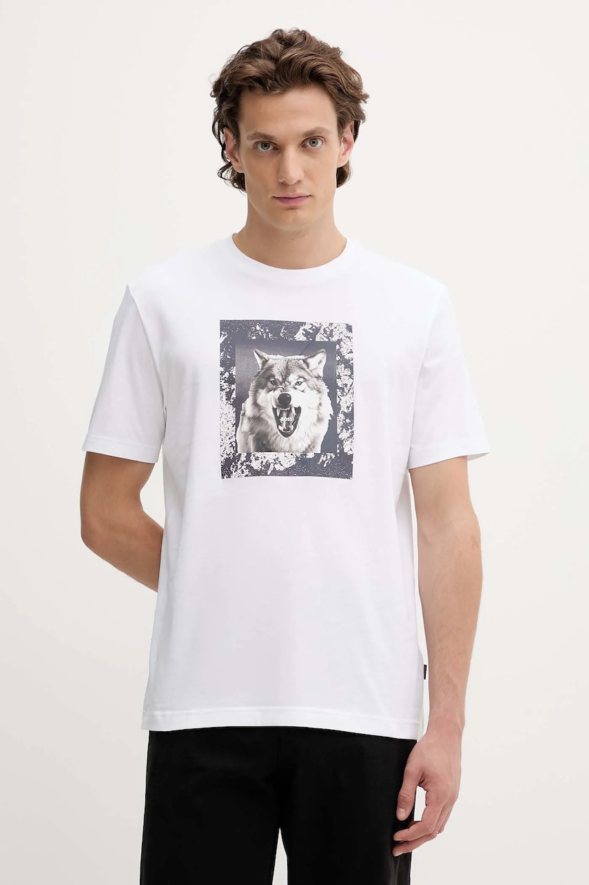 BOSS Orange tricou din bumbac culoarea bej, cu imprimeu, 50554615
