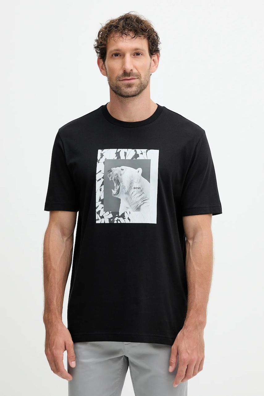 BOSS Orange tricou din bumbac culoarea negru, cu imprimeu, 50554615