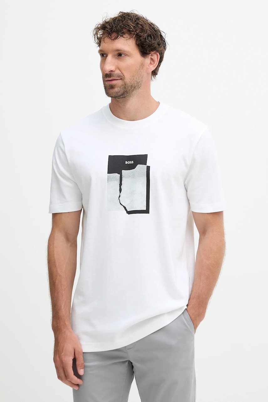 BOSS Orange tricou din bumbac culoarea bej, cu imprimeu, 50554640