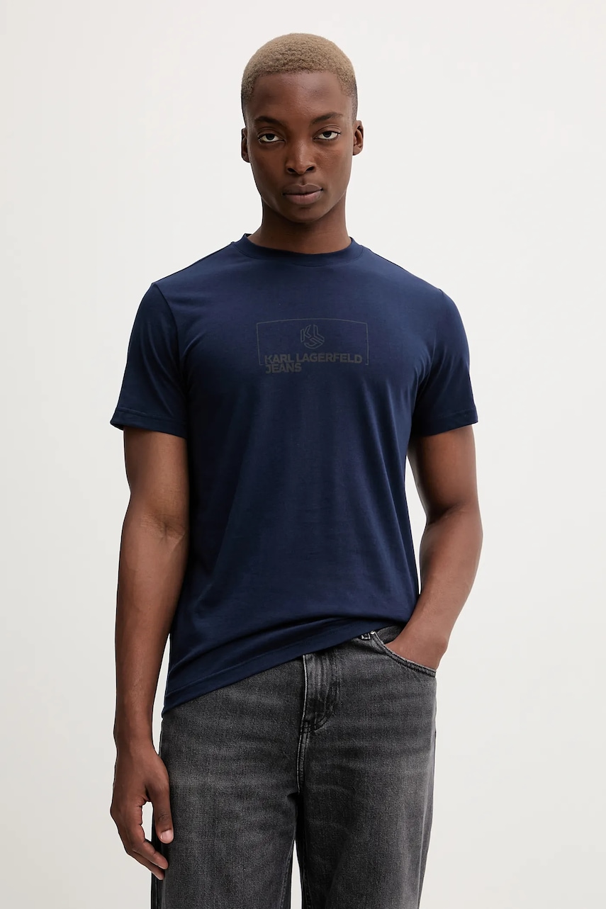Karl Lagerfeld Jeans tricou din bumbac culoarea bleumarin, cu imprimeu, A4M17020