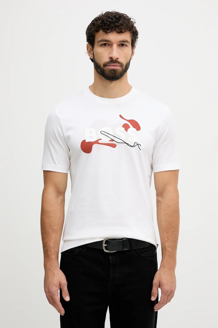 BOSS tricou din bumbac culoarea alb, cu imprimeu, 50549282