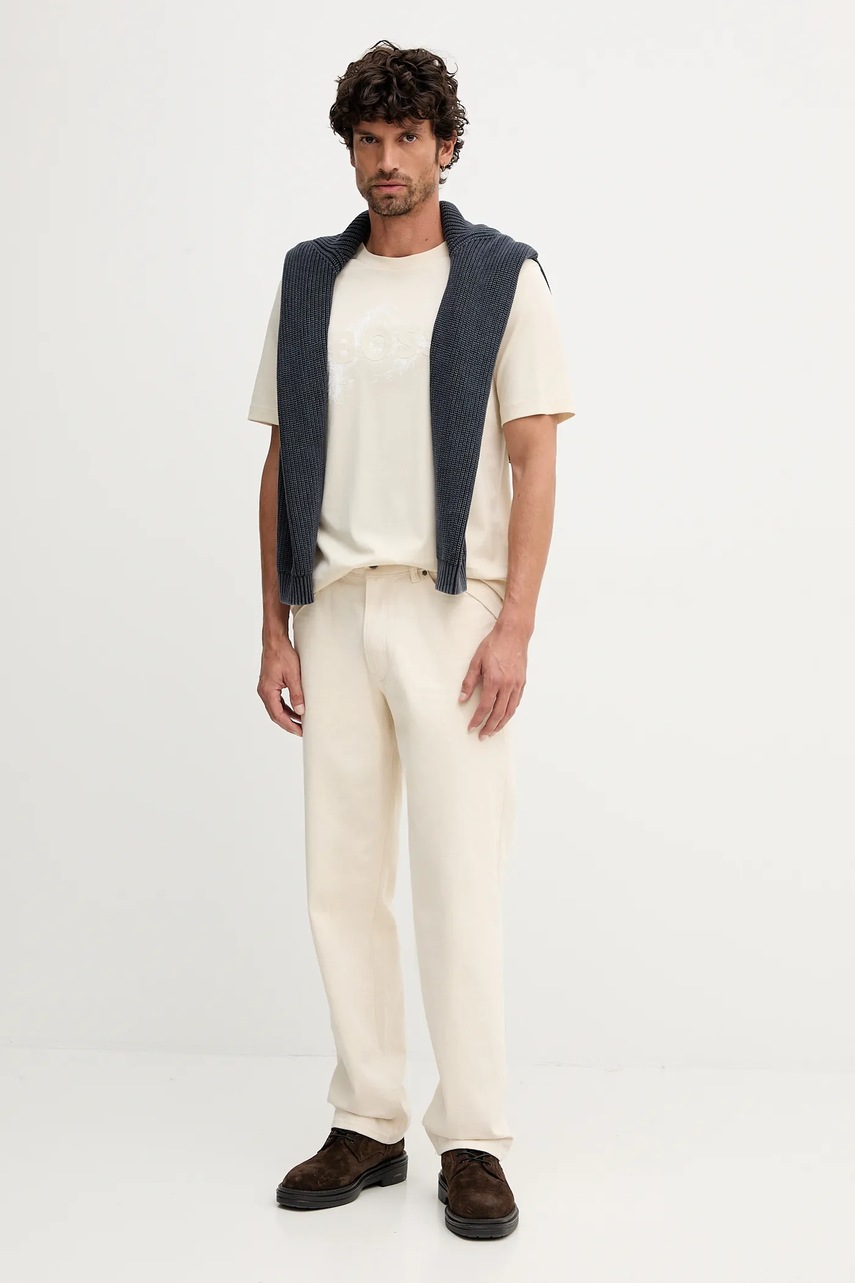 Хлопковая футболка BOSS цвет бежевый с принтом 50549282