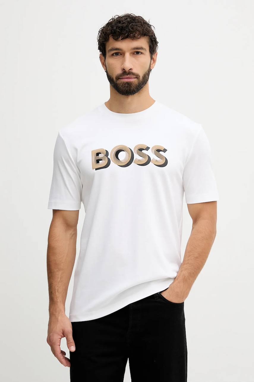 BOSS tricou din bumbac culoarea alb, cu imprimeu, 50551902