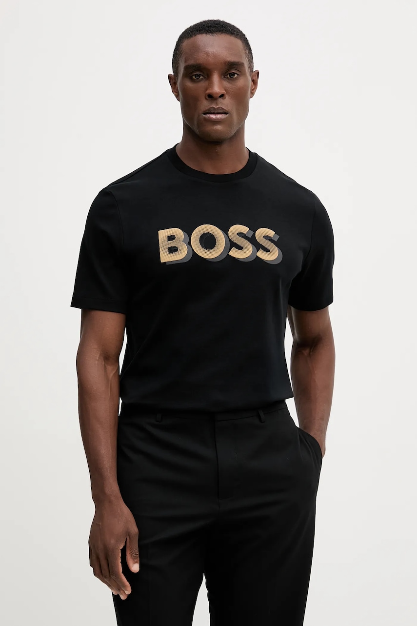 BOSS tricou din bumbac culoarea negru, cu imprimeu, 50551902