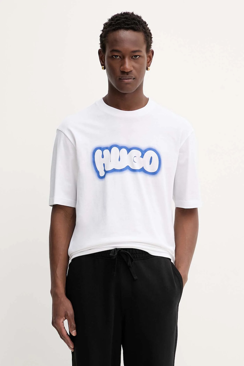 Levně Bavlněné tričko Hugo Blue pánské, bílá barva, s potiskem, 50549155
