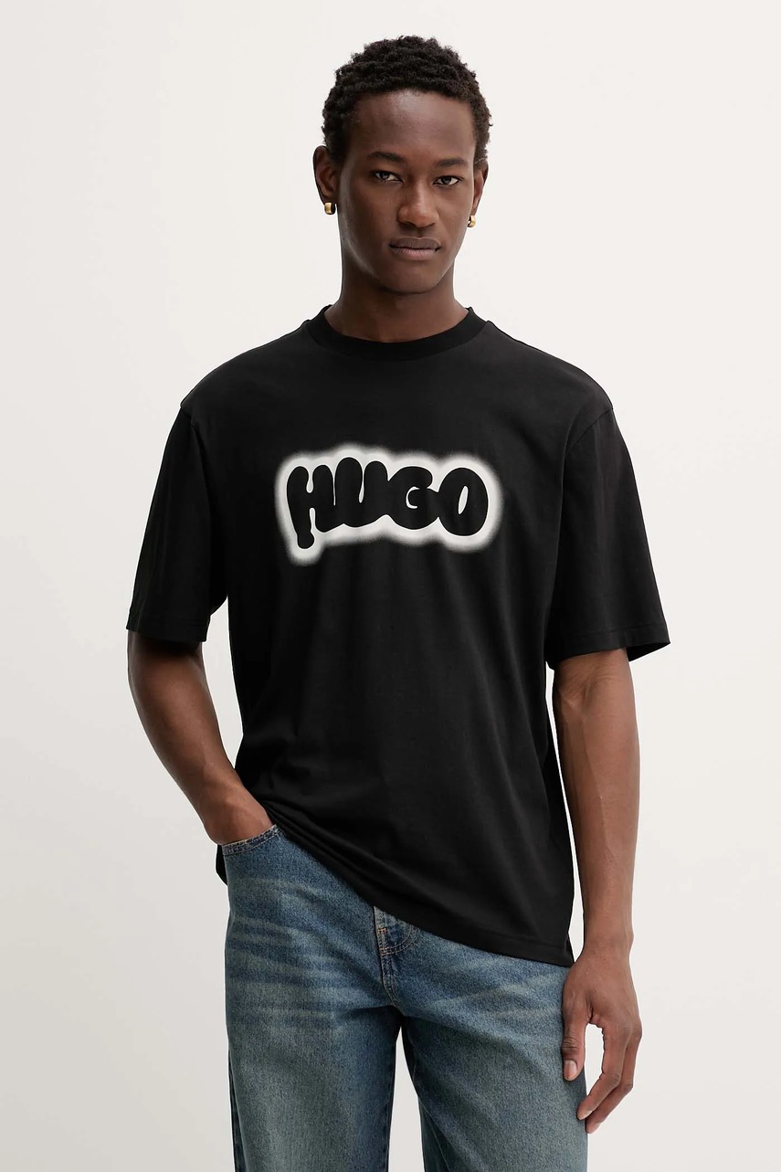 Levně Bavlněné tričko Hugo Blue pánské, černá barva, s potiskem, 50549155