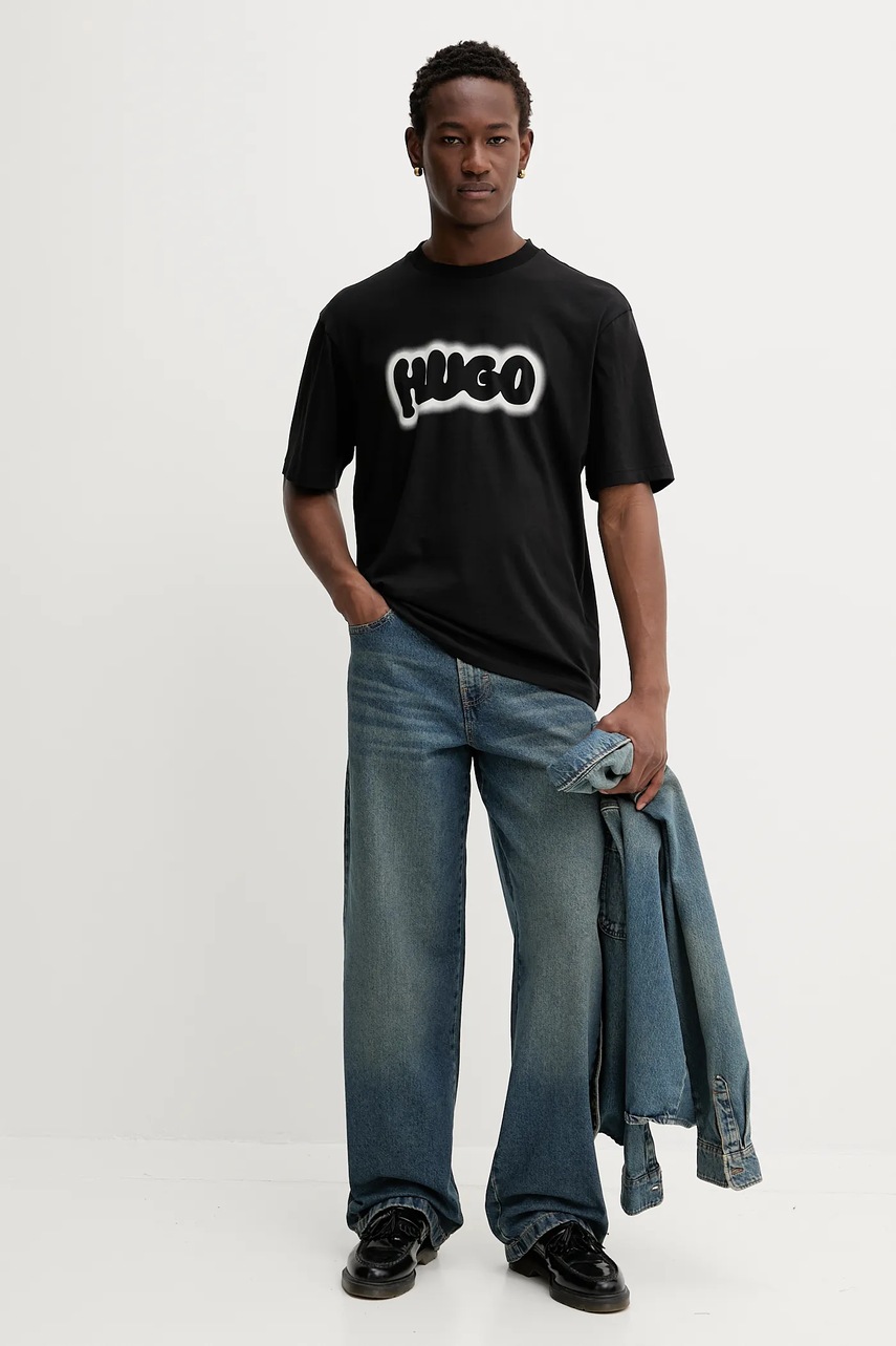 Хлопковая футболка Hugo Blue цвет чёрный с принтом 50549155