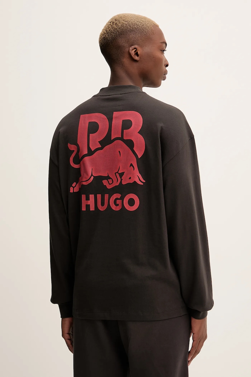 HUGO longsleeve din bumbac culoarea maro, cu imprimeu, 50551830