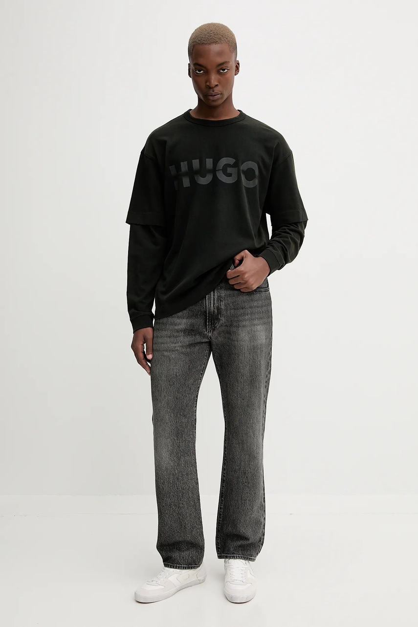 Хлопковый лонгслив Hugo Blue цвет чёрный с принтом 50546541