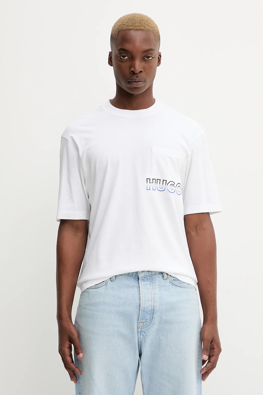 Hugo Blue tricou din bumbac culoarea alb, cu imprimeu, 50549120