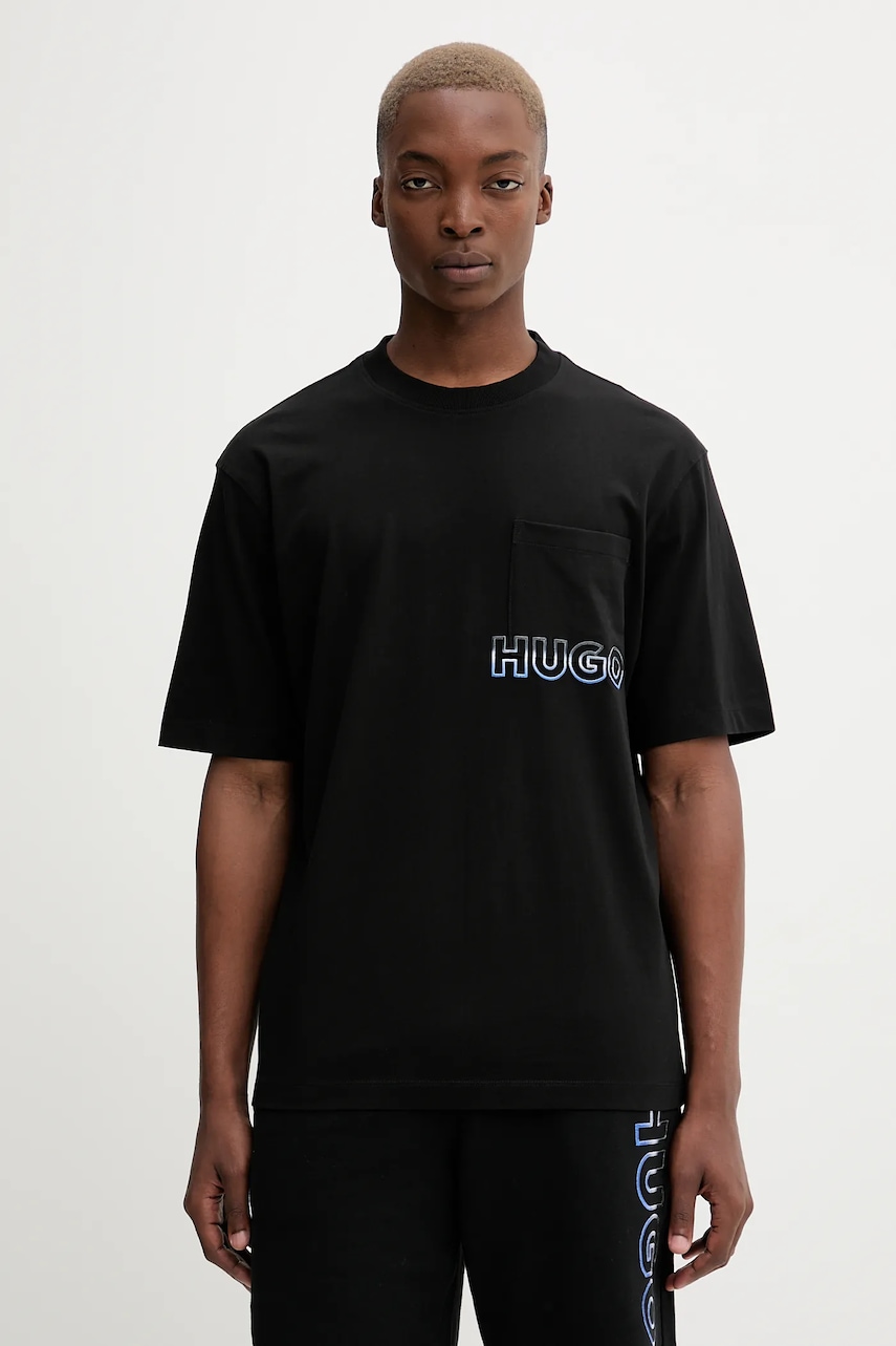 Hugo Blue tricou din bumbac culoarea negru, cu imprimeu, 50549120