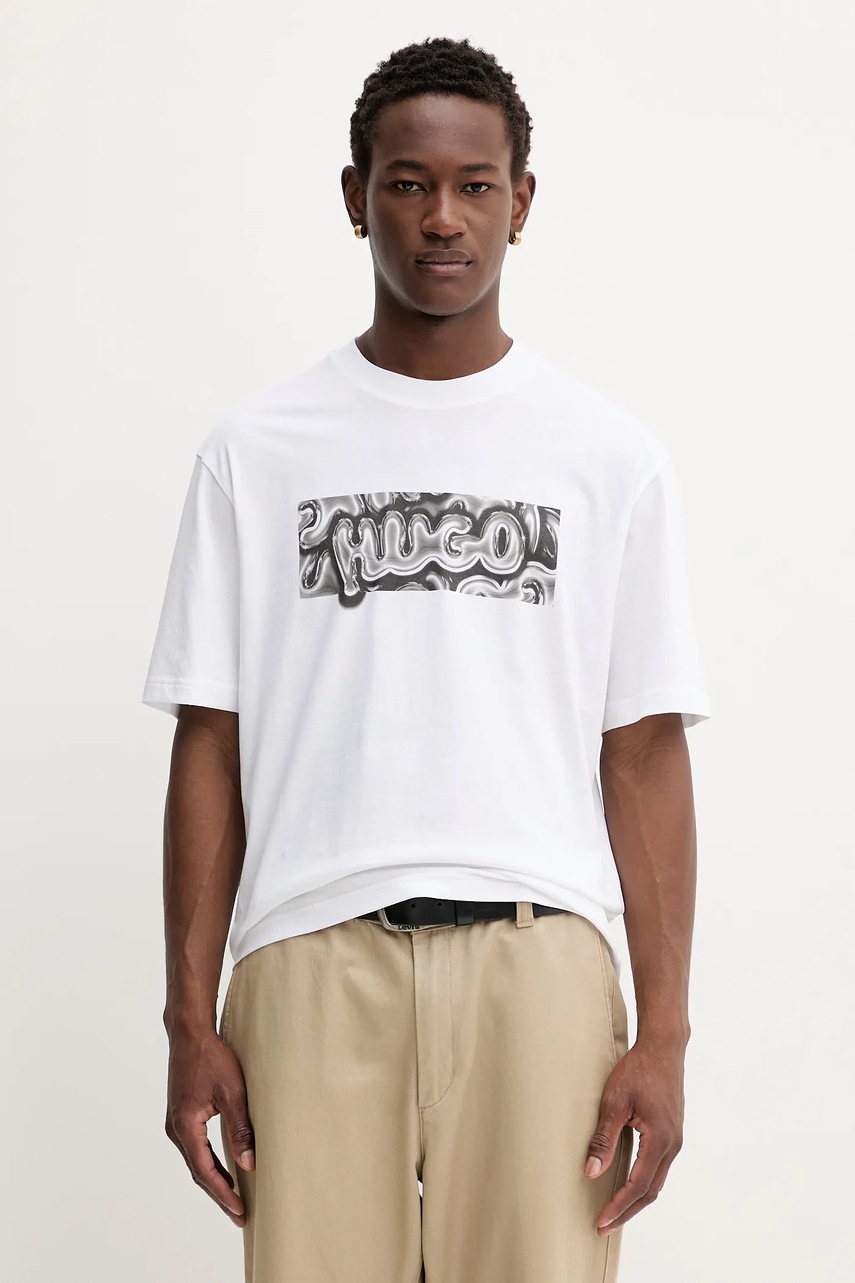 Hugo Blue tricou din bumbac culoarea alb, cu imprimeu, 50549162