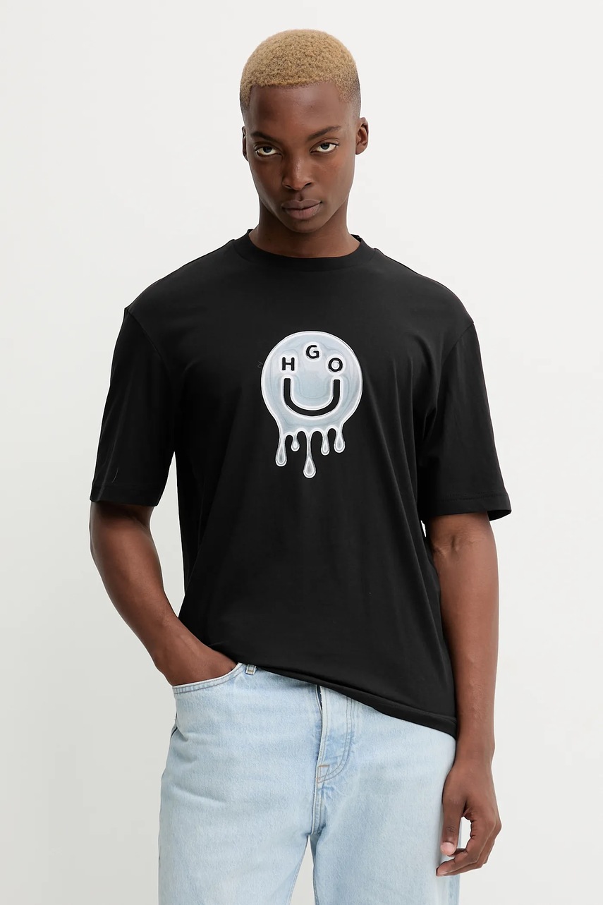 Hugo Blue tricou din bumbac culoarea negru, cu imprimeu, 50549162