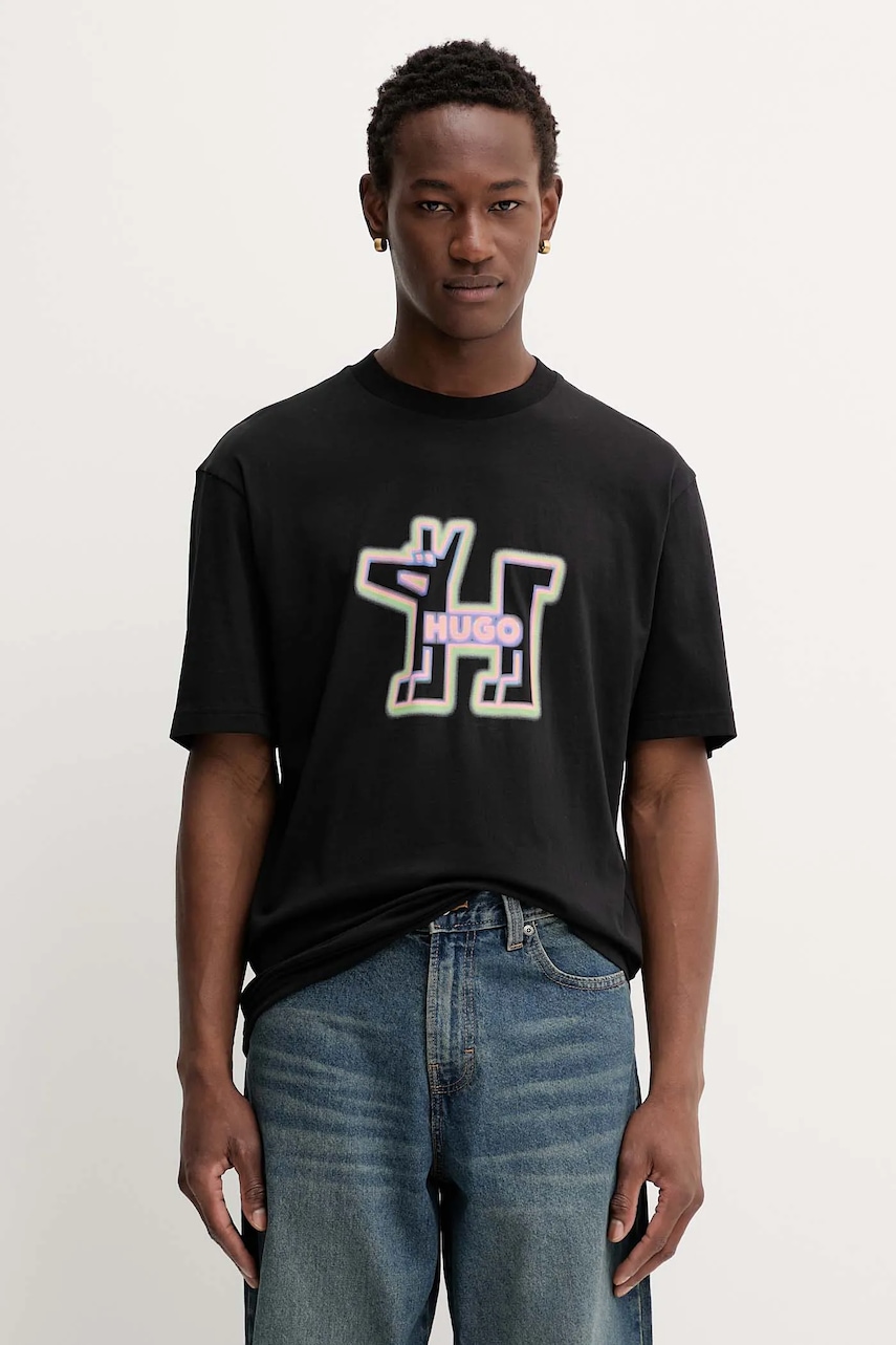 Hugo Blue tricou din bumbac culoarea negru, cu imprimeu, 50549162