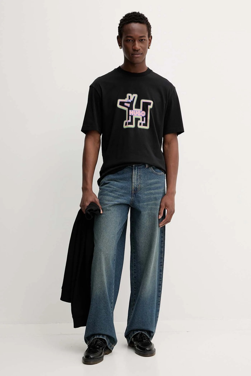 Хлопковая футболка Hugo Blue цвет чёрный с принтом 50549162