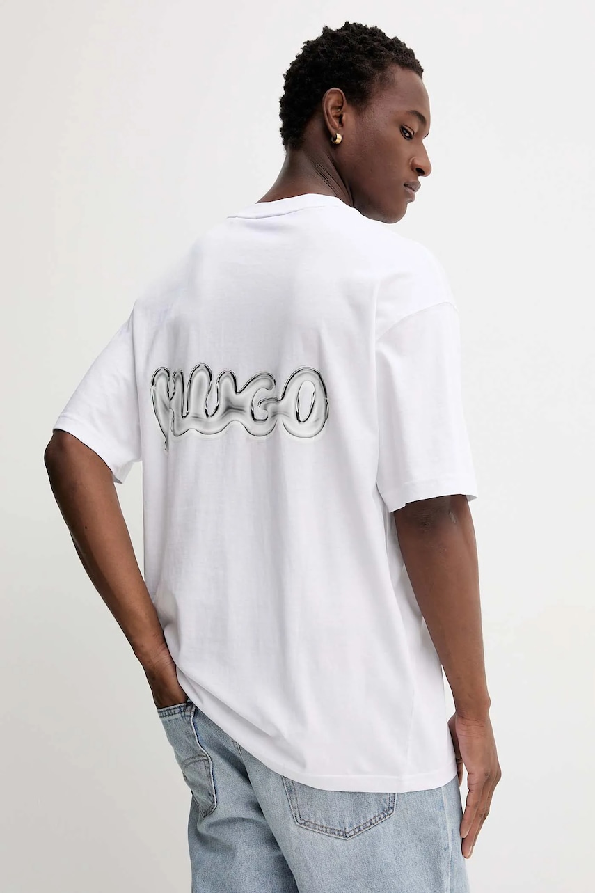 Hugo Blue tricou din bumbac culoarea alb, cu imprimeu, 50549769