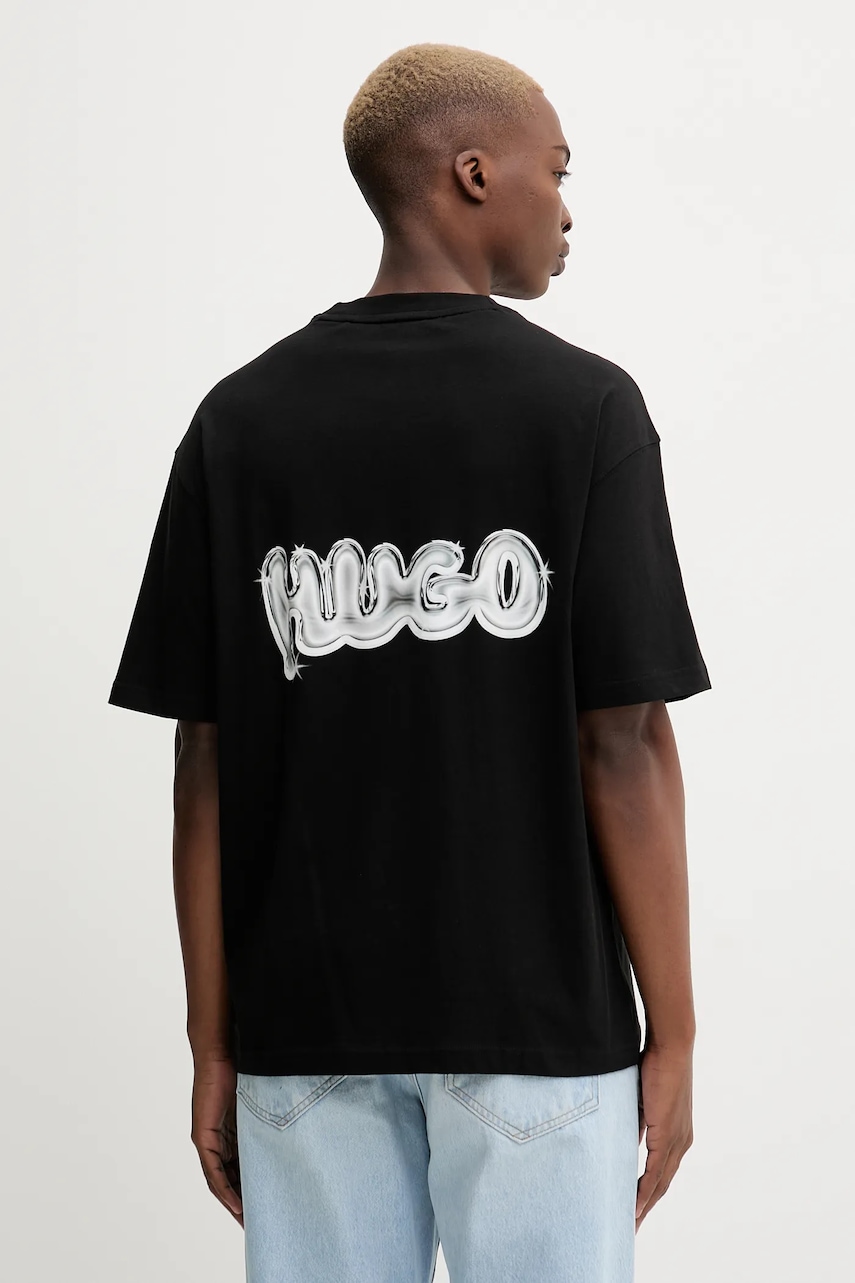 Hugo Blue tricou din bumbac culoarea negru, cu imprimeu, 50549769