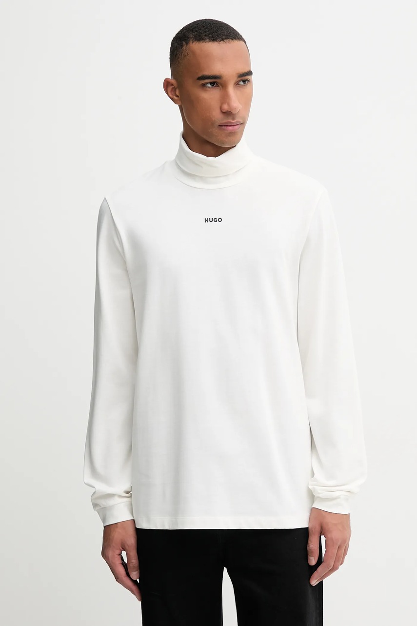 HUGO longsleeve din bumbac culoarea alb, uni, 50547372