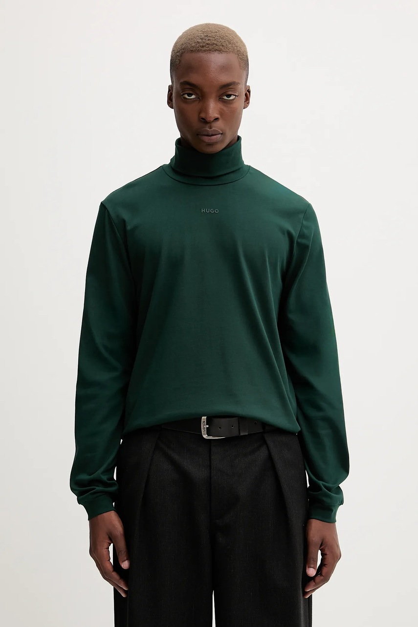 HUGO longsleeve din bumbac culoarea verde, uni, 50547372