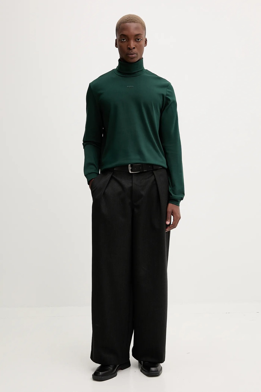 Хлопковый лонгслив HUGO цвет зелёный однотонная 50547372