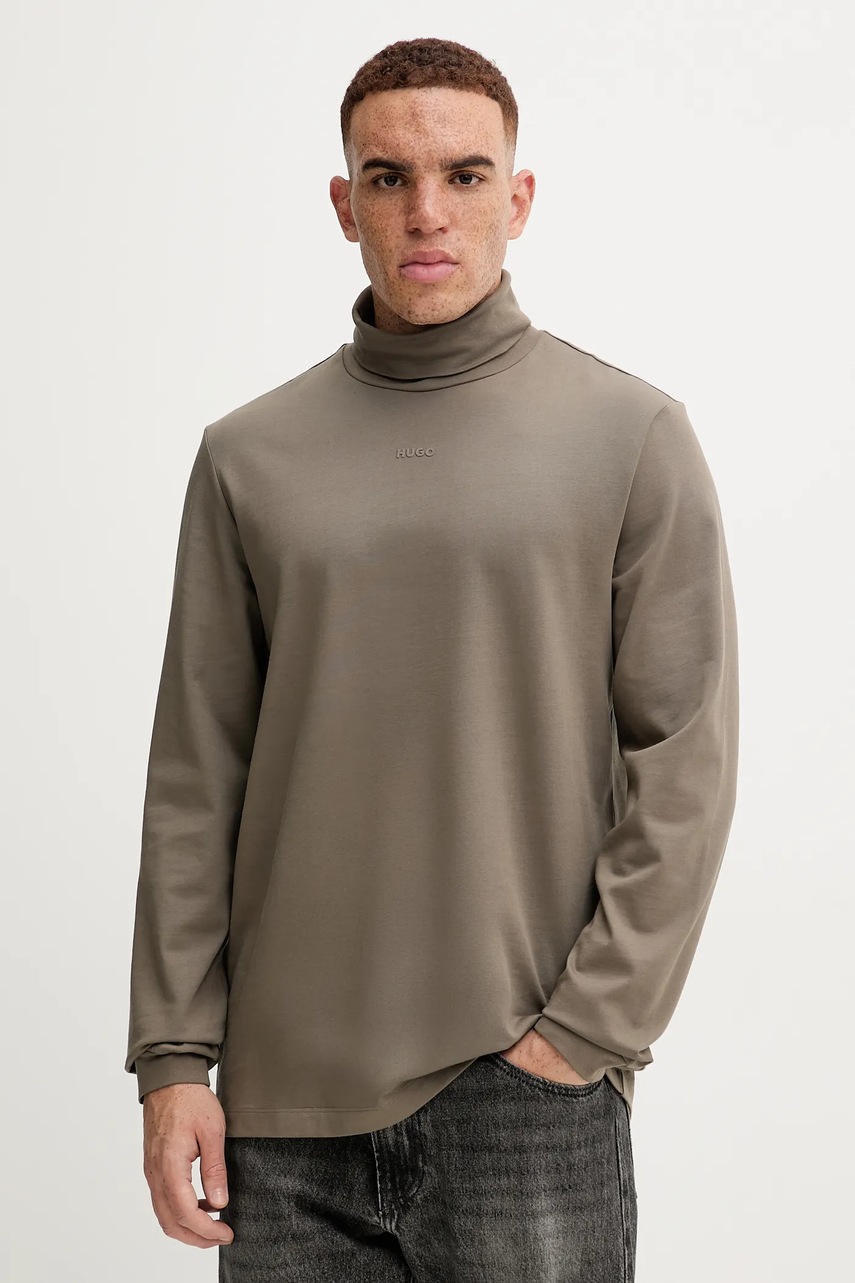 HUGO longsleeve din bumbac culoarea verde, uni, 50547372
