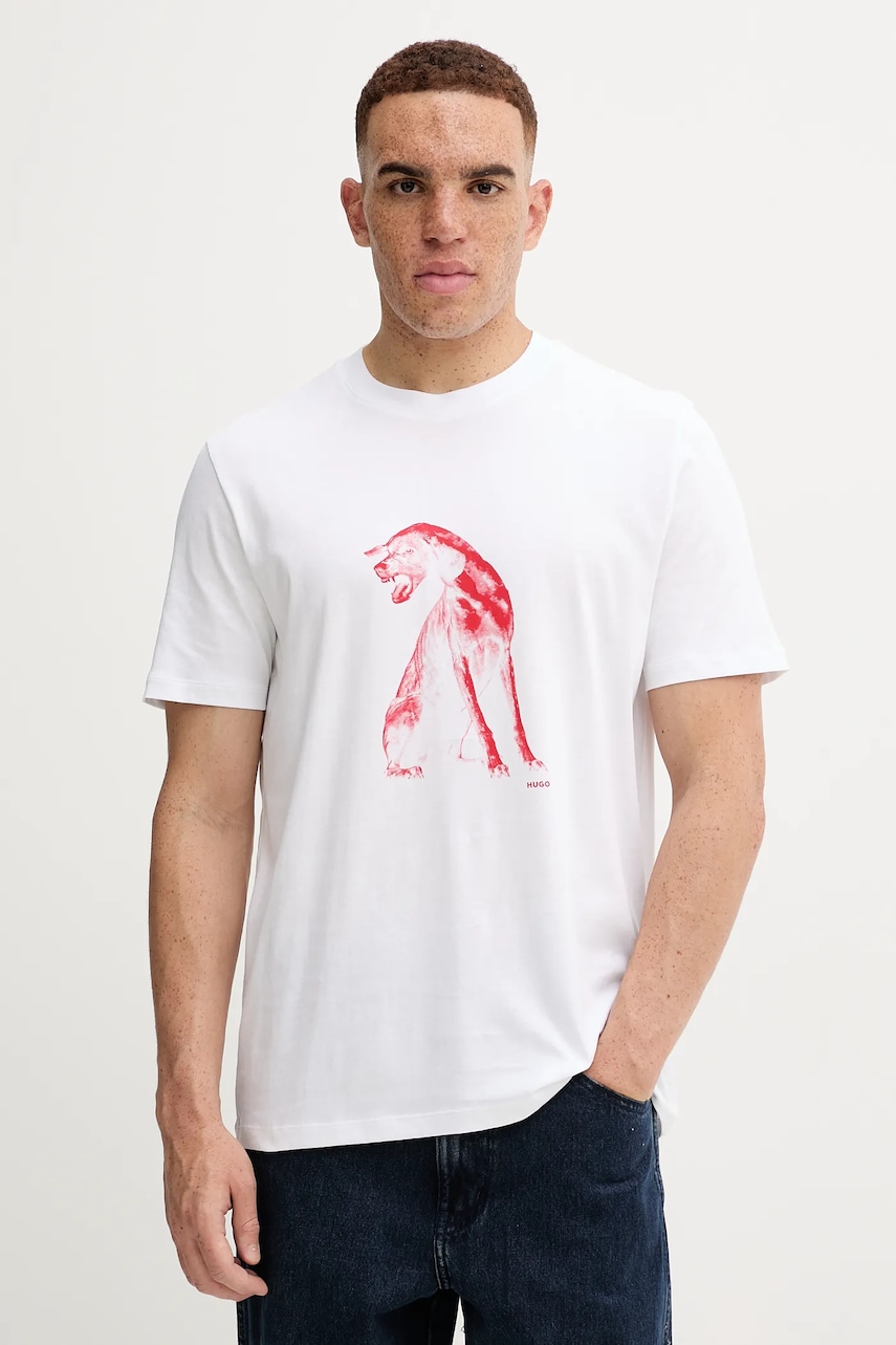 HUGO tricou din bumbac culoarea alb, cu imprimeu, 50548557