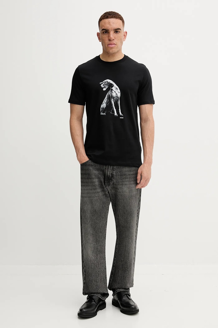 Хлопковая футболка HUGO цвет чёрный с принтом 50548557