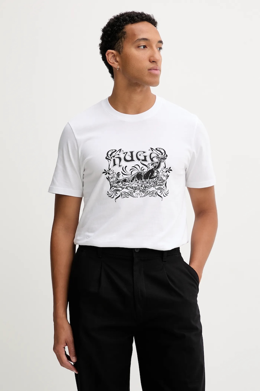 HUGO tricou din bumbac culoarea alb, cu imprimeu, 50548565