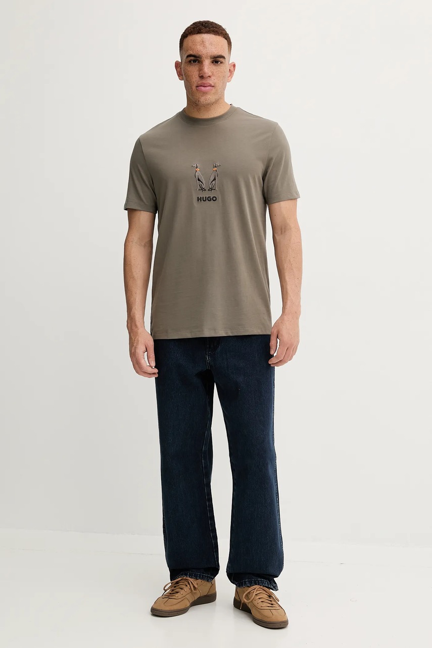 Хлопковая футболка HUGO цвет зелёный с аппликацией 50549154