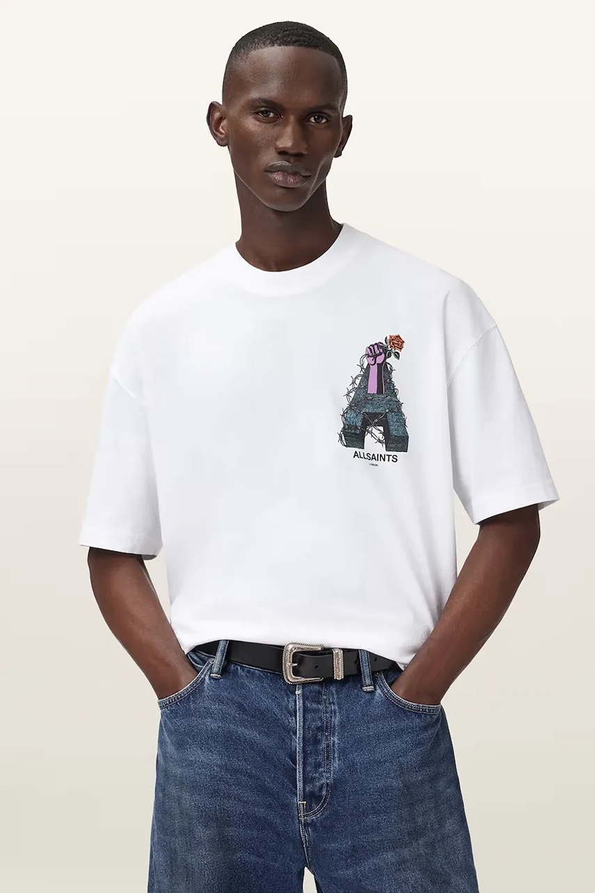 AllSaints tricou din bumbac DEFIANCE culoarea alb, cu imprimeu, M004PD