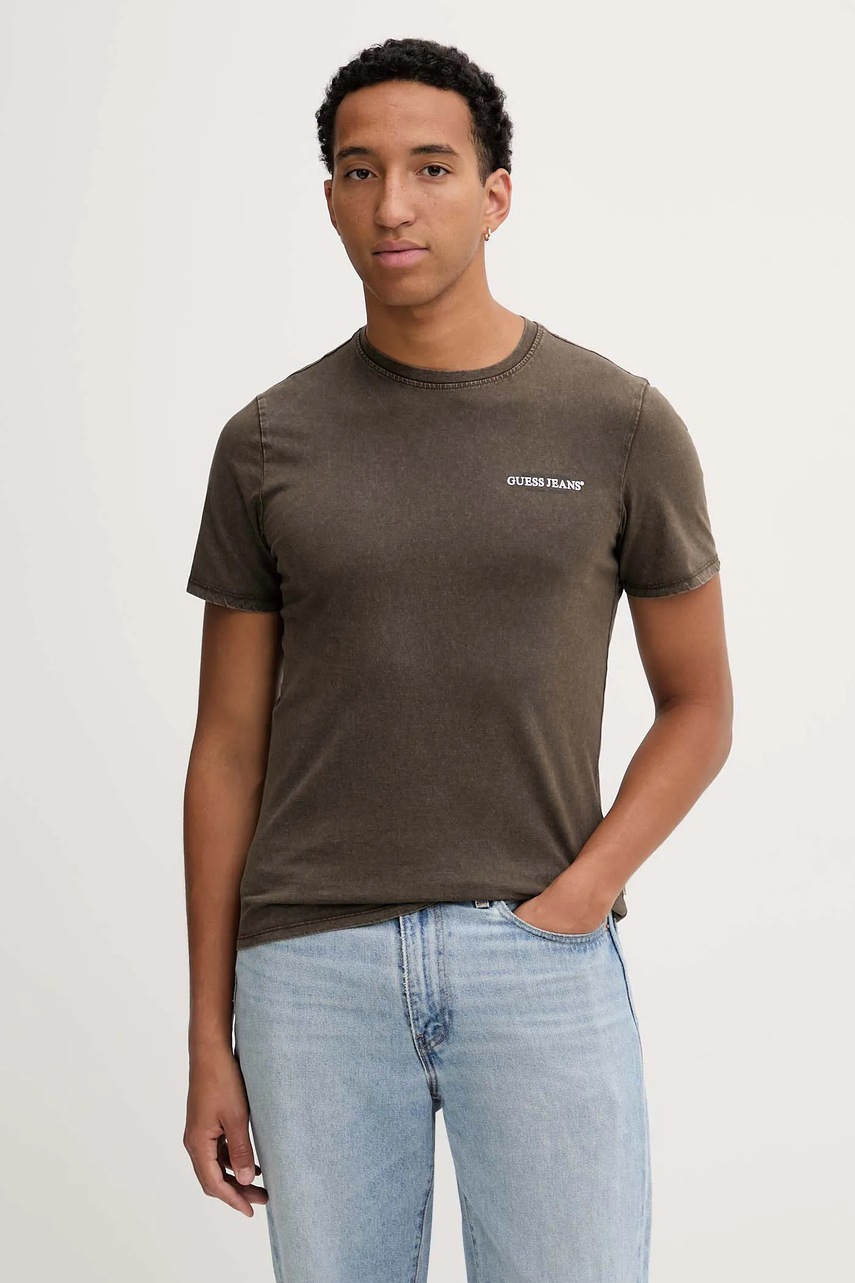 Levně Bavlněné tričko Guess Jeans pánské, hnědá barva, s potiskem, M5BI27 K8HM0