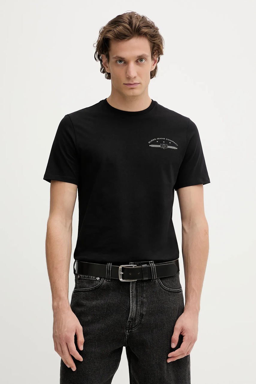 Levně Bavlněné tričko Guess Jeans pánské, černá barva, s potiskem, M5BI42 K8HM0