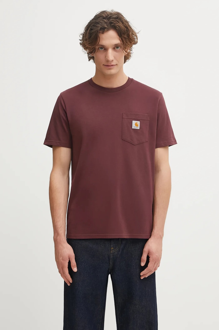 Bavlněné tričko Carhartt WIP S/S Pocket T-Shirt pánské, vínová barva, I030434.33KXX