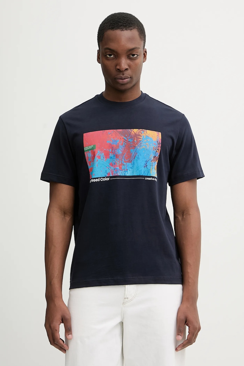 United Colors of Benetton tricou din bumbac culoarea bleumarin, cu imprimeu, 3MI5U10BG