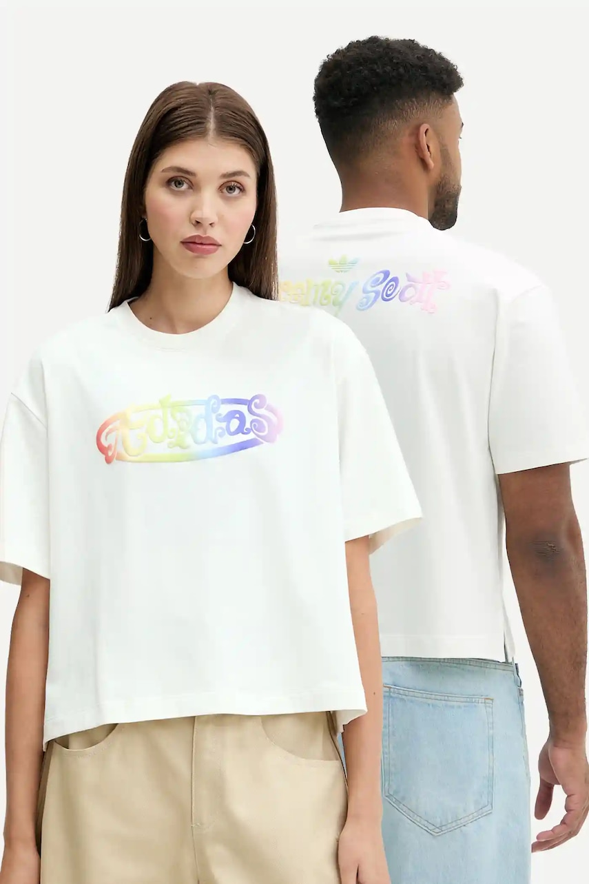 Levně Tričko adidas Originals Pride x Jeremy Scott béžová barva, s potiskem, JY2012