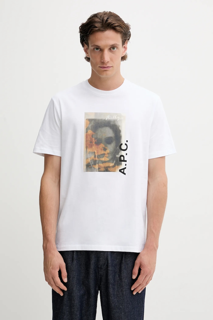 A.P.C. tricou din bumbac t-shirt jean portrait - gots culoarea alb, cu imprimeu, COGYK.M26549