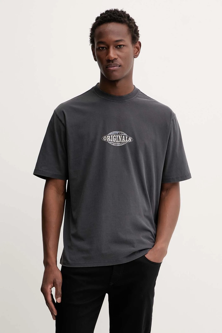 Levně Bavlněné tričko Guess Originals šedá barva, s potiskem, M5BI46 K8FQ4