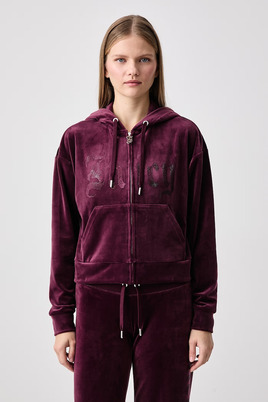 Juicy Couture dukserica na zakopčavanje sa kapuljačom ženska od velura OLD GOTHIC ICCLE