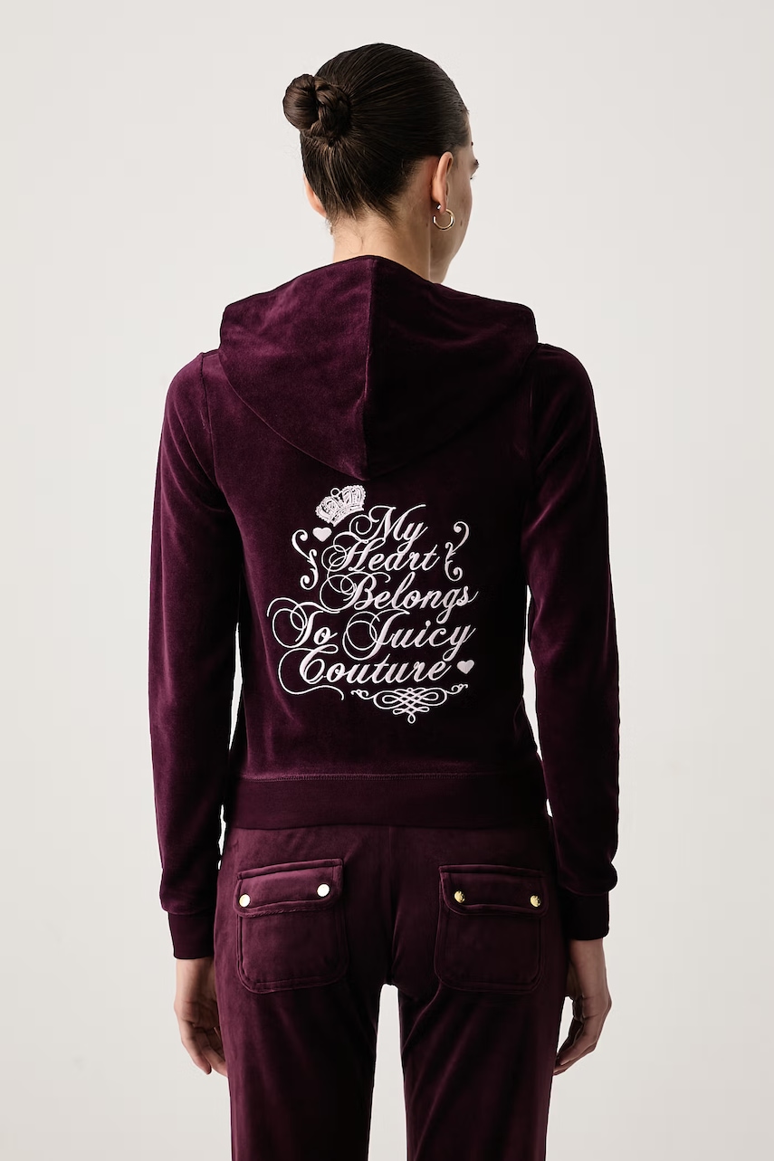 Juicy Couture  mikina na zips s kapucňou dámska zamatová SCRIPT REBELLE ROBYN