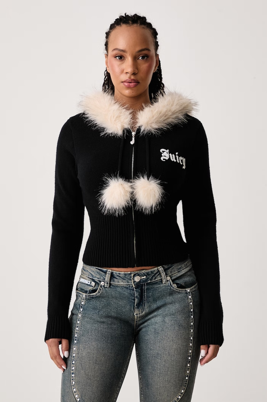 Juicy Couture vesta za žene s viskozom KNIT JUICY DIAMANTE WITH FUR TRIM