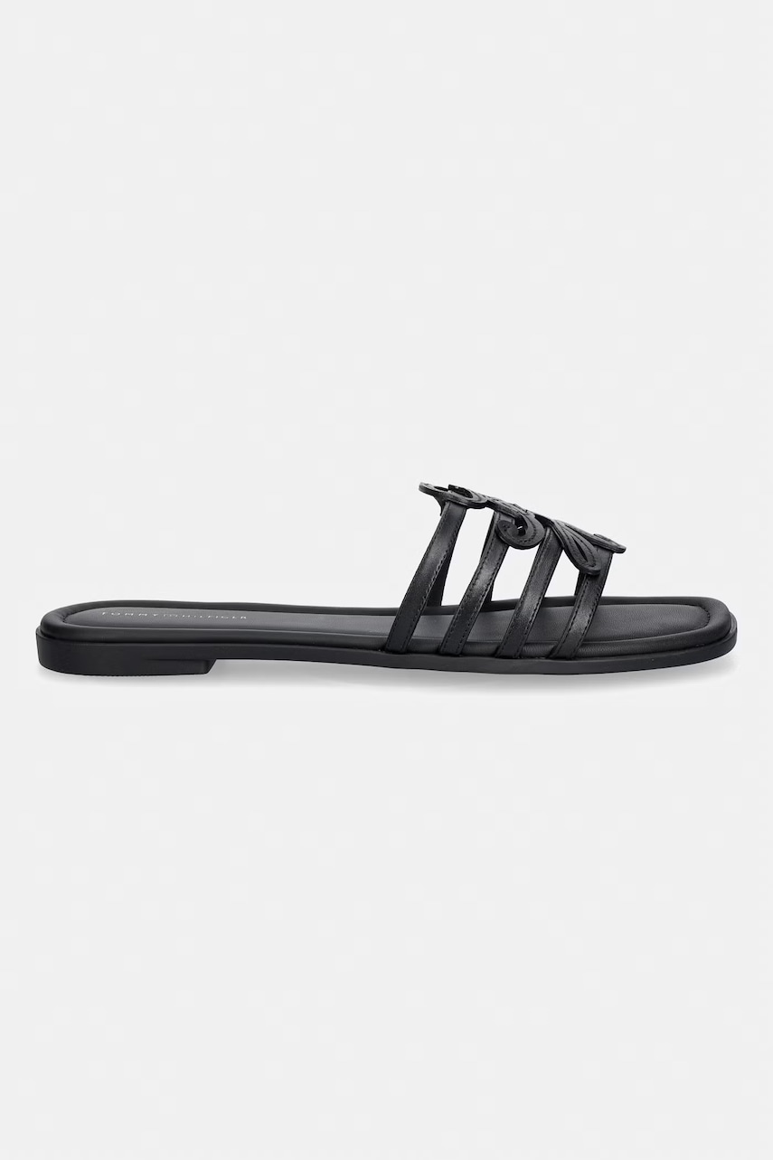 Tommy Hilfiger šľapky s otvorenými prstami dámske kožené TH SCRIPT FLAT MULE LTH