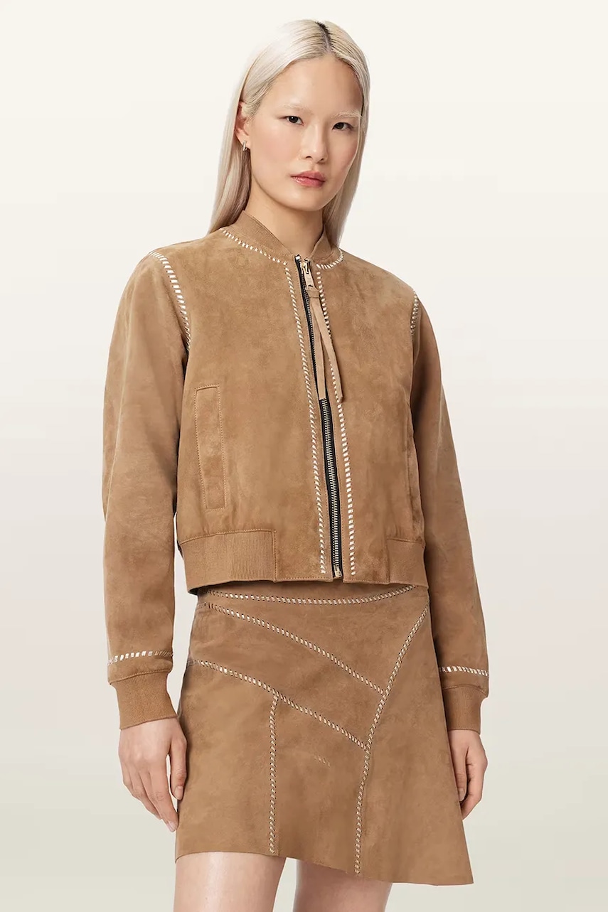 AllSaints geacă bomber pentru femei din piele întoarsă ORTEN