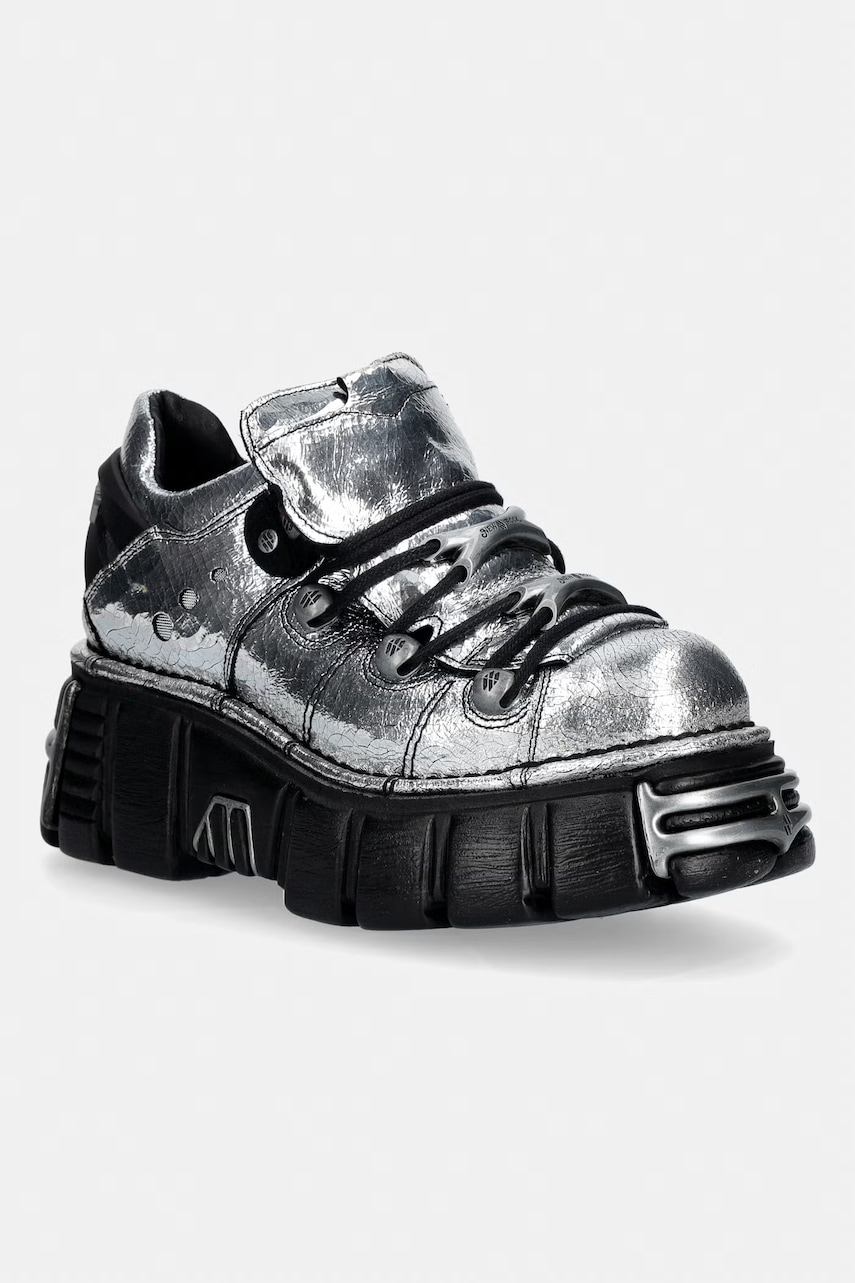 New Rock CRACK ESPEJO PLATA ANTE + IMPERFECT TOWER NEGRO TORNILLOS buty na platformie damskie skórzane