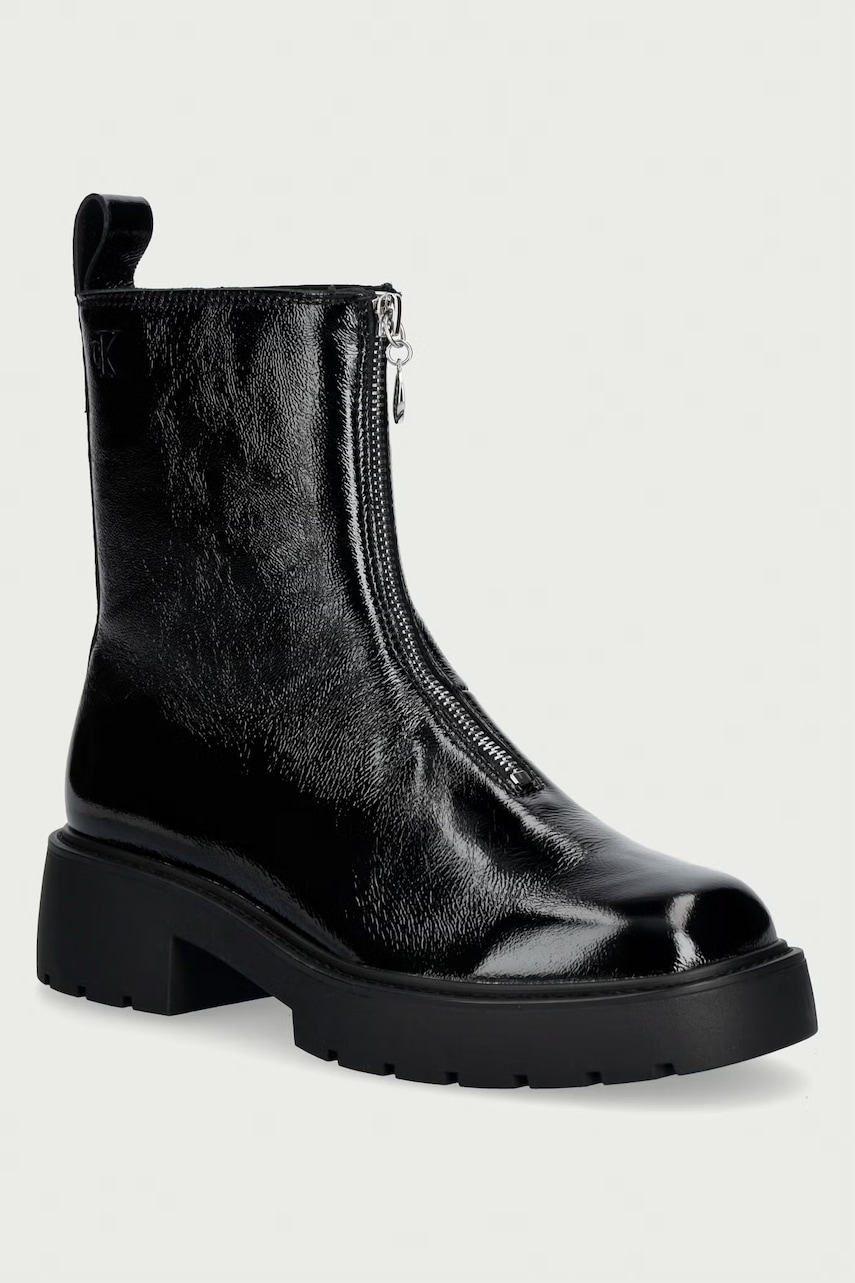 Calvin Klein botine cu toc pentru femei din piele CHUNKY ZIP BOOT SHINY LTH