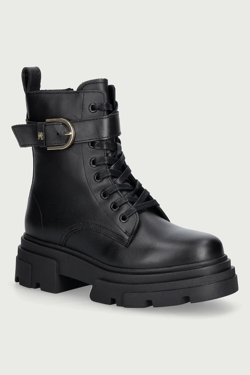 Tommy Hilfiger  workery dámske kožené LEATHER TH BUCKLED LACE-UP BOOT